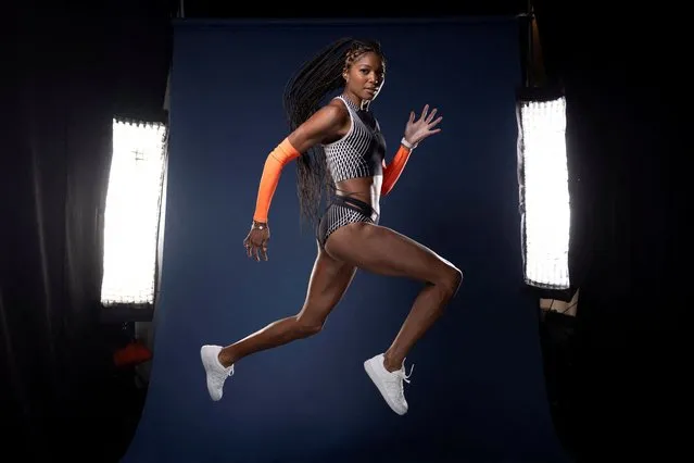 American track and field athlete Gabby Thomas poses for a portrait during the Team USA media summit ahead of the Paris Olympics and Paralympics, at an event in New York on April 16, 2024. (Photo by Andrew Kelly/Reuters)
