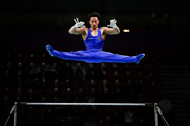 Italy's Matteo Levantesi competes on the high bar (horizontal bar) during the Men's All-Around Finals plus qualification for Team and Invidual Apparatus Finals event at the Artistic Gymnastics European Championships, in Rimini, on the Adriatic coast, northeastern Italy, on April 24, 2024. (Photo by Gabriel Bouys/AFP Photo)