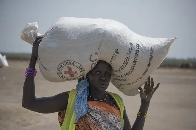 In this photo taken Tuesday, April 11, 2017, A woman walk back to her home after receiving food distributed by ICRC at a site in Leer County region of South Sudan. Two months after a famine was declared in two counties amid its civil war, hunger has become more widespread than expected, aid workers say, region on the brink of starvation and people at risk of dying without sustained food assistance. (Photo by AP Photo/Stringer)