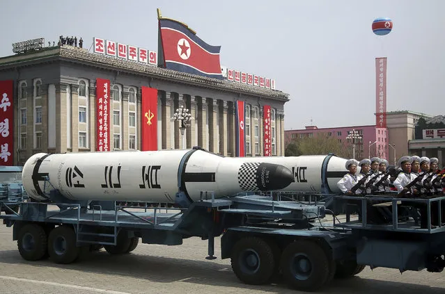 A submarine-launched ballistic missile is displayed in Kim Il Sung Square during a military parade on Saturday, April 15, 2017, in Pyongyang, North Korea to celebrate the 105th birth anniversary of Kim Il Sung, the country's late founder and grandfather of current ruler Kim Jong Un. (Photo by Wong Maye-E/AP Photo)