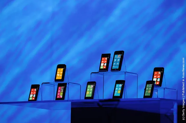 New Windows phones are on display during Microsoft CEO Steve Ballmer's keynote address at the 2012 International Consumer Electronics Show