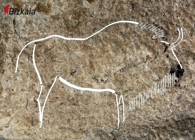 This image released by the Diputacion Floral de Bizkaia on Friday May 27, 2016, shows a cave drawing. Spanish archaeologists say they have discovered an exceptional set of Paleolithic-era cave drawings that could rank among the best in a country that already boasts some of the world's most important cave art. Chief site archaeologist Diego Garate said Friday that an estimated 70 drawings were found on ledges 300 meters (1,000 feet) underground in the Atxurra cave, Berriatua, in the northern Basque region. He described the site as being in “the Champions' League” of cave art, among the top 10 sites in Europe. (Photo by Diputacion Floral de Bizkaia/Source via AP Photo)