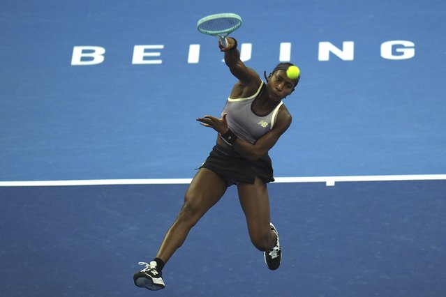 Coco Gauff of the United States returns a shot to Karolina Muchova of Czech Republic during the women's singles final match at the China Open tennis tournament at the National Tennis Center in Beijing, Sunday, October 6, 2024. (Photo by Ng Han Guan/AP Photo)