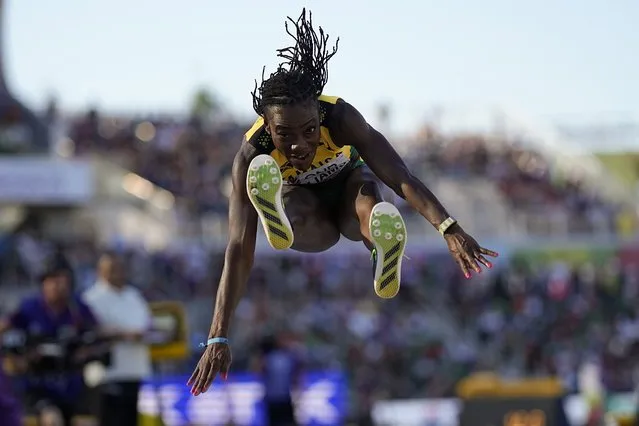 Kimberly Williams, of Jamaica, competes during the women's triple jump final at the World Athletics Championships on Monday, July 18, 2022, in Eugene, Ore. (Photo by David J. Phillip/AP Photo)