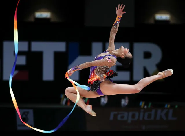 Malaysia's Amy Kwan competes at the Women's Rhythmic Gymnastics Ribbon Apparatus final of the 29th South East Asian Games in Kuala Lumpur, Malaysia, Monday, August 28, 2017. (Photo by Vincent Thian/AP Photo)