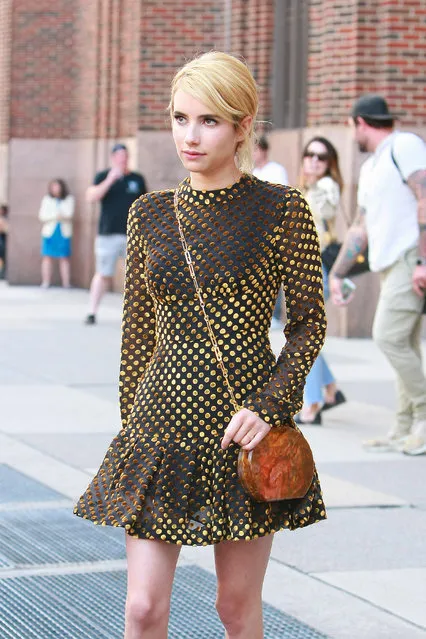 Emma Roberts was seen wearing a short dress while out and about in New York City on July 11, 2016. (Photo by LDBNY/Splash News)