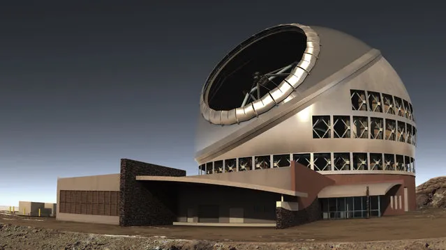 This illustration provided by Thirty Meter Telescope (TMT) shows the proposed giant telescope on Mauna Kea on Hawaii's Big Island. A long-running effort to build one of the world's largest telescopes on the mountain sacred to Native Hawaiians is moving forward after a key approval Thursday, September 28, 2017, reopening divisions over a project that promises revolutionary views into the heavens but has drawn impassioned protests over the impact to a spiritual place. Hawaii's land board granted a construction permit for the $1.4 billion Thirty Meter Telescope atop the state's tallest mountain, called Mauna Kea, but opponents vowed to keep fighting. Protesters willing to be arrested were successful in blocking construction in the past. (Photo by Thirty Meter Telescope (TMT) via AP Photo)