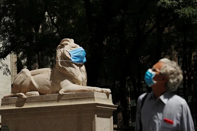 A large mask hangs on the face of a lion statue standing outside of the main branch of the New York Public Library in the Manhattan borough of New York City, U.S., July 1, 2020. (Photo by Lucas Jackson/Reuters)