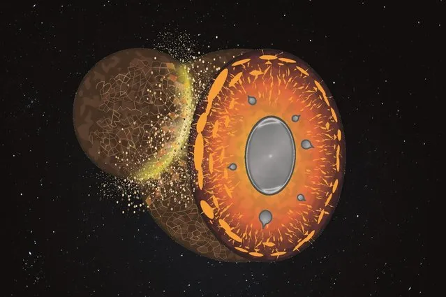 This artist rendering handout by the CNRS on Wednesday September 23, 2015 shows “Collision of a rock body with the early Earth, causing pulverization of terrestrial crust”. Researchers in France from CNRS (Centre National de la Recherche Scientifique) and the Blaise Pascal university in Clermont-Ferrand say they have at last solved a long-standing mystery about the formation of Earth. (Photo by Asmaa Boujibar/AFP Photo/CNRS)