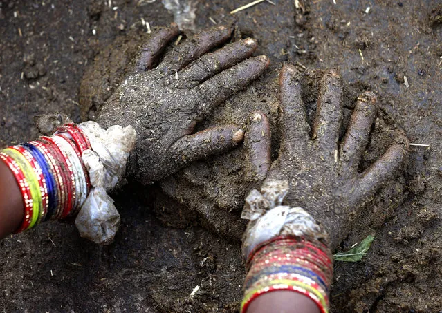 An Indian village woman makes cow dung cakes in Allahabad, India, Friday, October 2, 2015. Cow dung cakes are popularly used as fuel for cooking in rural India. India has plans to boost renewable energy capacity in the next five years to 175 gigawatts, including solar power, wind, biomass and small hydropower dams. (Photo by Rajesh Kumar Singh/AP Photo)