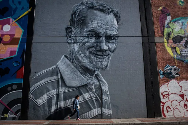 A woman walks in front of a graffiti portraying an old man in a grayscale at “Graffiti District” in Bogota, Colombia on January 4, 2018. (Photo by Juancho Torres/Anadolu Agency/Getty Images)