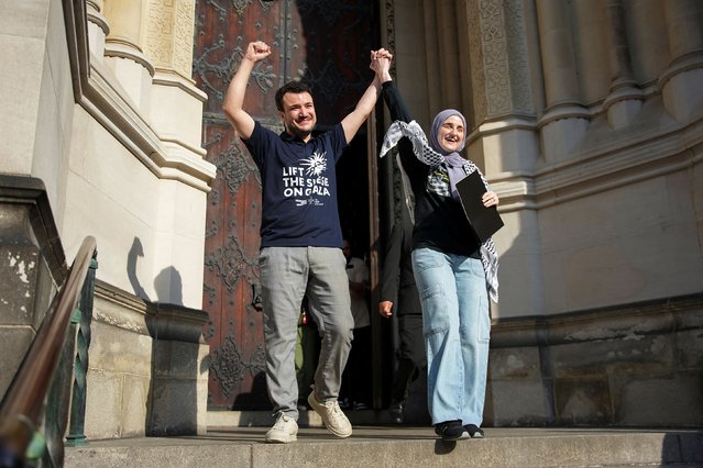 Mahmoud Khalil and his wife, Dr. Noor Abdalla, react during a rally to welcome him home in New York on Sunday, June 22, 2025. Khalil, a Palestinian activist who helped lead Columbia University’s student protest movement demanding a ceasefire in Gaza, was arrested and detained by federal agents in March. A judge ordered Friday that he be released from a Louisiana ICE detention center. Khalil is a lawful permanent resident who has not been charged with a crime. (Photo by Angelina Katsanis/Reuters)