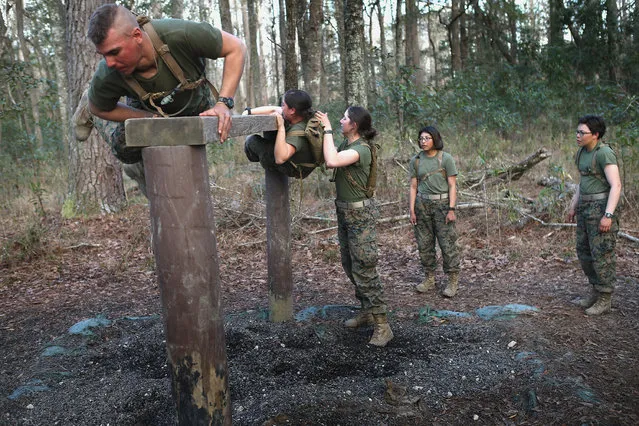 Male and female Marines climb an obstacle on the Endurance Course during Marine Combat Training (MCT) on February 20, 2013 at Camp Lejeune, North Carolina.  Since 1988 all non-infantry enlisted male Marines have been required to complete 29 days of basic combat skills training at MCT after graduating from boot camp. MCT has been required for all enlisted female Marines since 1997. About six percent of enlisted Marines are female.  (Photo by Scott Olson)