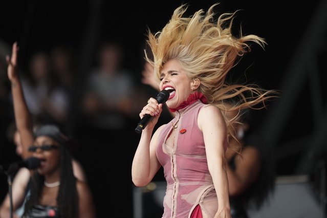 British award-winning singer-songwriter Paloma Faith performs during the Glastonbury Festival in Worthy Farm, Somerset, England, Sunday, June 30, 2024. (Photo by Scott A Garfitt/Invision/AP Photo)