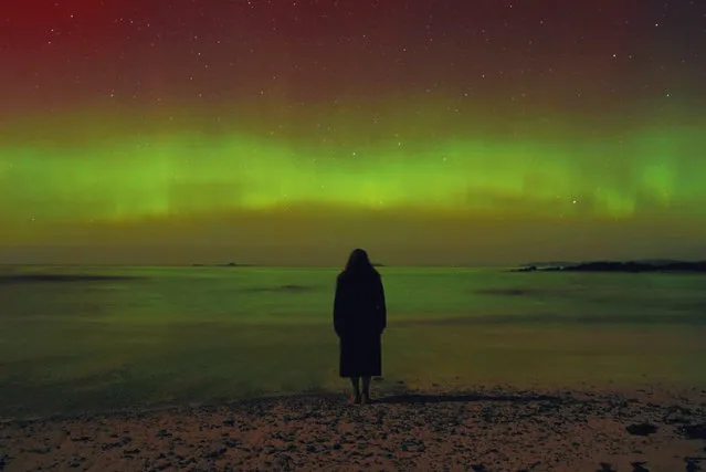 A person watches the lights over the Hebrides in Scotland on February 26, 2023. (Photo by Hannah Close/PA Wire Press Association)
