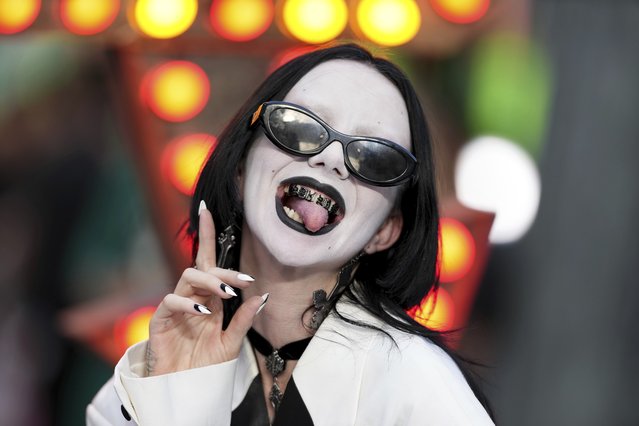 Irish singer-songwriter Bambie Thug arrives at the premiere of “Beetlejuice Beetlejuice” in London, August 29, 2024. (Photo by Scott A Garfitt/Invision/AP Photo)