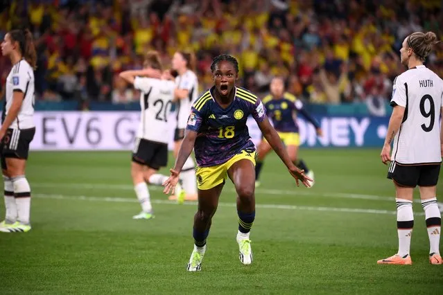 Colombia's forward #18 Linda Caicedo (C) celebrates scoring her team's first goal during the Australia and New Zealand 2023 Women's World Cup Group H football match between Germany and Colombia at Sydney Football Stadium in Sydney on July 30, 2023. (Photo by Franck Fife/AFP Photo)