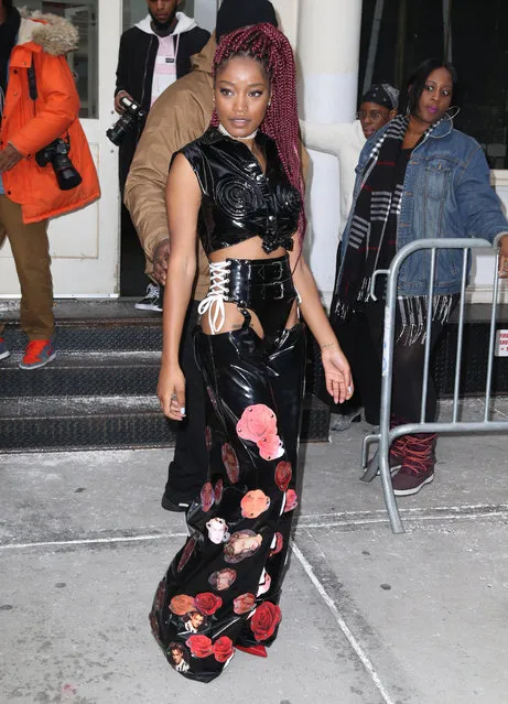 Keke Palmer wears a dominatrix inspired outfit adorned with pins of Leonardo DiCaprio face and roses while out and about in New York City on December 16, 2016. (Photo by Splash News and Pictures)