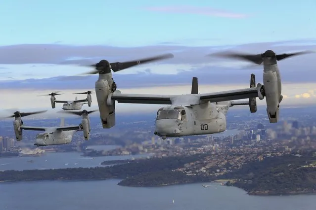 This image obtained from the US Marine Corps shows three MV-22B Osprey tiltrotor aircrafts flying in formation above the Pacific Ocean off the coast of Sydney on June 29, 2017. A United States Osprey military aircraft crashed on a remote island north of Australia's mainland while taking part in war games on August 27, 2023, Australia's Defence Department said. (Photo by Amy Phan/US Marine Corps/AFP Photo)
