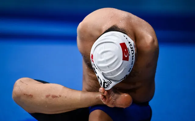 Beytullah Eroglu of Turkey removes his swimming cap after competing in the Men's S6 50 metre backstroke heats at the Tokyo Aquatic Centre on day six during the Tokyo 2020 Paralympic Games in Tokyo, Japan on August 30, 2021. (Photo By David Fitzgerald/Sportsfile via Getty Images)