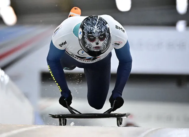 Australia's Nicholas Timmings competes in the men's Skeleton World Cup in Altenberg, eastern Germany, on December 3, 2021. (Photo by Tobias Schwarz/AFP Photo)