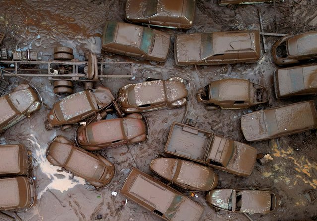 A drone view shows vehicles in the area affected by the floods, in Encantado, Rio Grande do Sul state, Brazil, on May 3, 2024. (Photo by Diego Vara/Reuters)