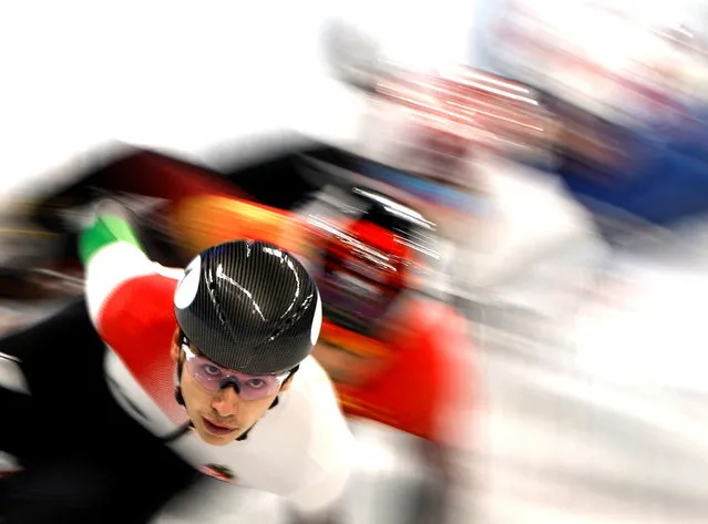 Shaoang Liu of Hungary in action during the Men's Short Track Speed Skating 1500m Quarterfinals on Day five of the Beijing 2022 Winter Olympic Games at Capital Indoor Stadium on February 9, 2022 in Beijing, China. (Photo by Susana Vera/Reuters)
