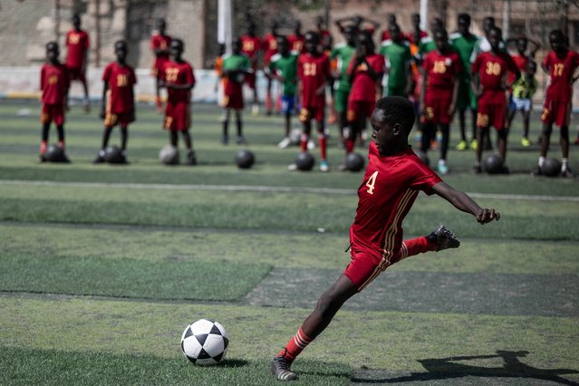 Children attend a soccer training session at “Mostaqbal” (Future) soccer academy for refugees, in Cairo, Egypt, 03 May 2024. According to the 35-year-old South Sudanese coach Mario Tual Mingok Chowl, he arrived in Egypt as a refugee in 2017, and in 2020 established a soccer training academy for refugees in Egypt to discover distinguished talents, and to develop the children's skills, as well as to create a suitable sports environment for talented children. There are 84 players in the academy, from South Sudan, Nigeria and from Egypt as well, while the monthly fee for each one is 50 Egyptian pounds (about 1 US Dollar), according to Chowl, adding that they are facing problems of funding their activities. He expressed his dream is to build a distinguished generation that helps develop sport in the region. According to the UNHCR, Egypt hosts 575,000 registered refugees and asylum-seekers from 61 countries, including 61,000 from South Sudan. (Photo by Mohamed Hossam/EPA/EFE)