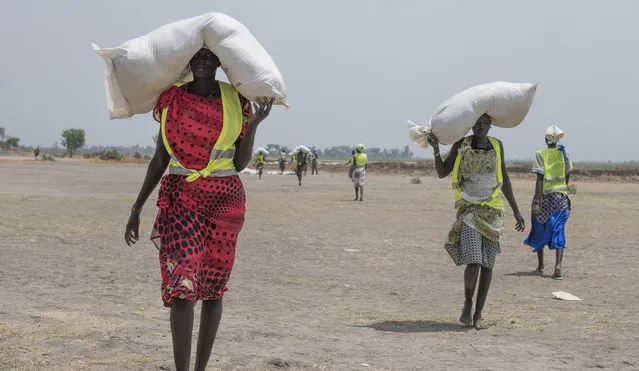 In this photo taken Tuesday, April 11, 2017, a women walk back to their homes after receiving food distributed by ICRC at a site in Leer County region of South Sudan. (Photo by AP Photo/Stringer)