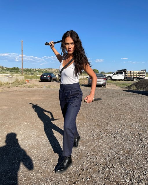 American actress Jessica Alba in the second decade of June 2024 shows off her moves in a BTS snap from her newest Netflix flick. (Photo by jessicaalba/Instagram)