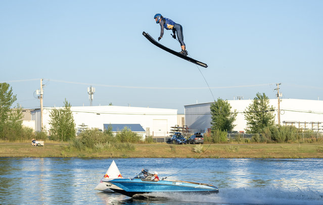 Joel Poland of Great Britain jump skis during the World Water Skier, Canada Cup, as the Saskatoon Water Ski Club on August 29, 2024 in Saskatoon, Saskatchewan, Canada. (Photo by Johnny Hayward/Getty Images)