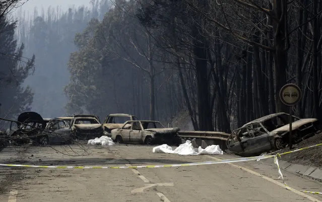 Burnt cars block the road between Castanheira de Pera and Figueiro dos Vinhos, central Portugal, Sunday, June 18 2017. (Photo by Armando Franca/AP Photo)