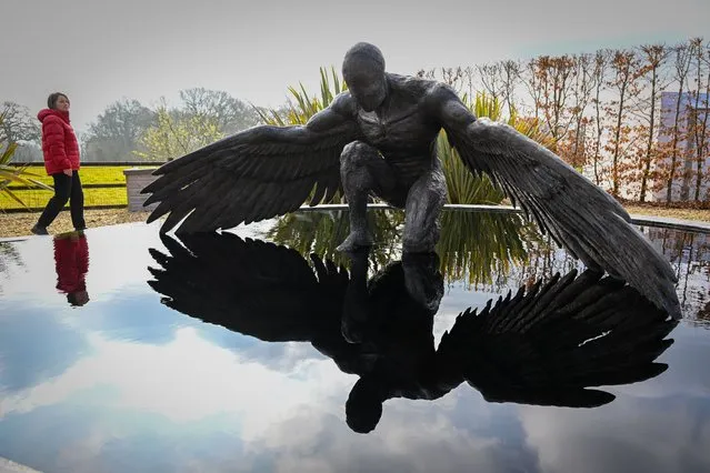 “Greer Guardian Angel” by Ed Elliott is seen at Sculpture By The Lakes, on March 30, 2022 in Pallington, United Kingdom. FORM 2022 is a large-scale arts exhibition with monumental sculptures installed across Sculpture by the Lakes 26-acres. Globally renowned sculptor and owner of Sculpture by the Lakes, Simon Gudgeon said: “For the past year, we have been working to bring together a carefully curated collection of works by artists I consider to be among the finest contemporary sculptors in the UK right now”. The exhibition includes work by the late sculptor Heather Jansch, best known for her life-sized sculptures of horses in driftwood and bronze. Other artists whose work include Ed Elliott – an award-winning sculptor of large-scale pieces, Jonathan Hateley, Carl Longworth – and his giant 2.5m bronze barn owl, and Jonathan Loxley. (Photo by Finnbarr Webster/Getty Images)