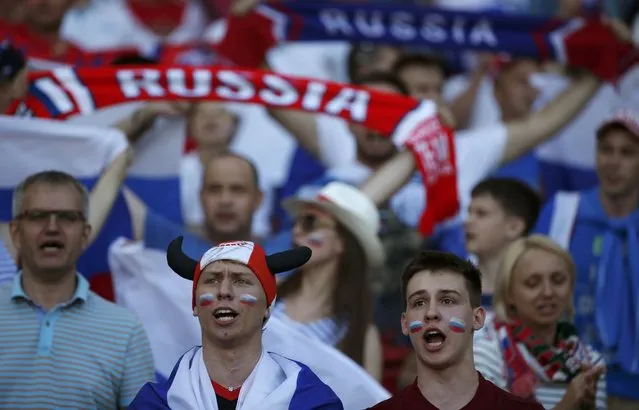 Football Soccer, Russia vs Wales, EURO 2016, Group B, Stadium de Toulouse, Toulouse, France on June 20, 2016. Russian fans sing before the match. (Photo by Sergio Perez/Reuters)