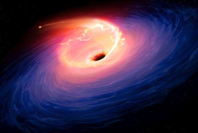 This file of a handout photo received on February 27, 2017 from Sheffield University shows an artists rendering of the tidal disruption event in F01004-2237, which is 1.7 billion light years from Earth. The release of gravitational energy as the debris of the star is accreted by the black hole leads to a flare in the optical light of the galaxy. From Europe to the South Pole, via Chile and Hawaii, eight telescopes have been simultaneously pointed at the center of our galaxy since April 7, 2017 to try and capture an image of a black hole, as part of a project called Event Horizon Telescope (EHT). (Photo by Mark A. Garlick/AFP Photo/Sheffield University)