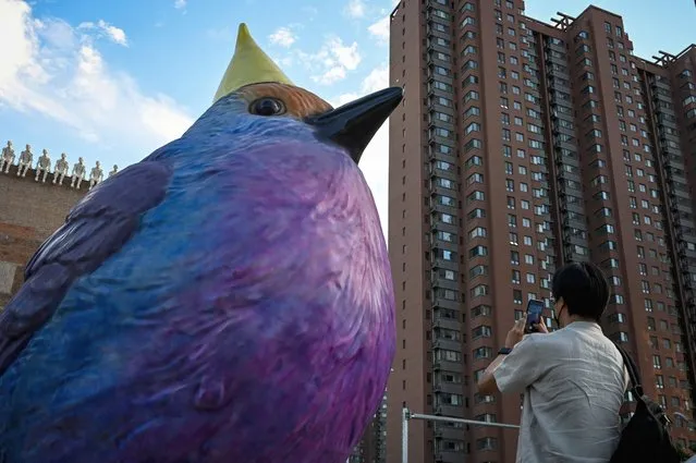 A man takes photos of an installation of a giant purple bird wearing a hat, as part of an exhibition by Dutch artist Florentijn Hofman outside a museum in Beijing on August 10, 2022. (Photo by Jade Gao/AFP Photo)