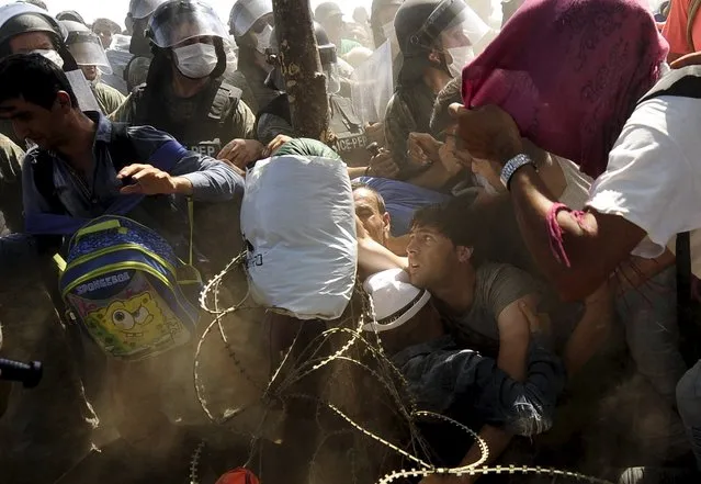 Migrants fall as they rush to cross into Macedonia after Macedonian police allowed a small group of people to pass through a passageway, as they try to regulate the flow of migrants at the Macedonian-Greek border September 2, 2015. Up to 3,000 migrants are expected to cross into Macedonia every day in the coming months, most of them refugees fleeing war, particularly from Syria, the United Nations said last week. (Photo by Ognen Teofilovski/Reuters)