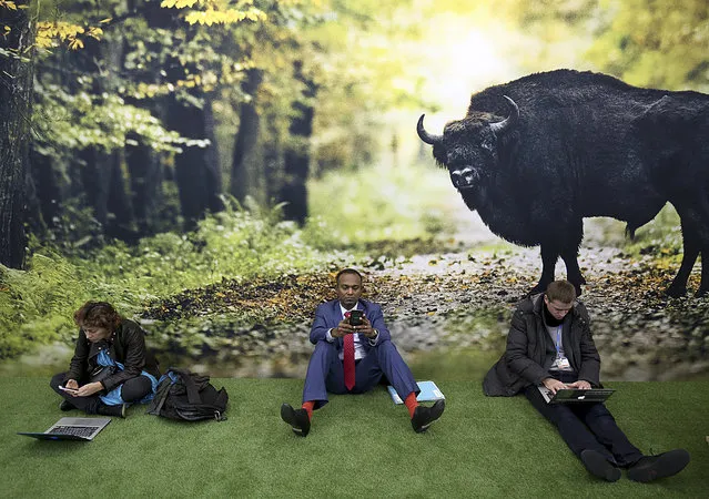 Participants sit on the floor in front of a poster during a break at the UN Climate Conference COP23 in Bonn, Germany, Thursday, Noember. 16, 2017. (Oliver Berg/DPA via AP Photo)