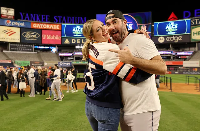 Justin Verlander #35 of the Houston Astros celebrates with his wife Kate Upton following defeating the New York Yankees in game four of the American League Championship Series to advance to the world series at Yankee Stadium on October 23, 2022 in the Bronx borough of New York City. (Photo by Charles Wenzelberg/New York Post)
