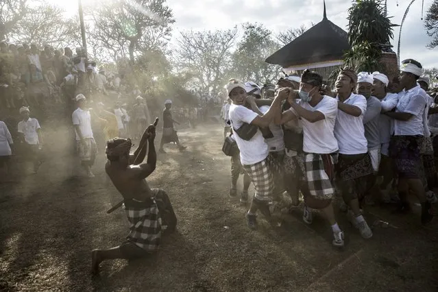 A Balinese man in a state of trance, stabs his chest infront of a palanquin, the symbol of god during Ngusaba Gumang Ritual on October 6, 2014 in Karangasem, Bali, Indonesia.  Ngusaba Gumang ritual is held every two years at the top of the Gumang Hill. This is the largest ritual in Karangasem district and is attended by close to 10,000 people from four villages, Bugbug Village, Jasri Village, Bebandem Village and Ngis Village. (Photo by Agung Parameswara/Getty Images)