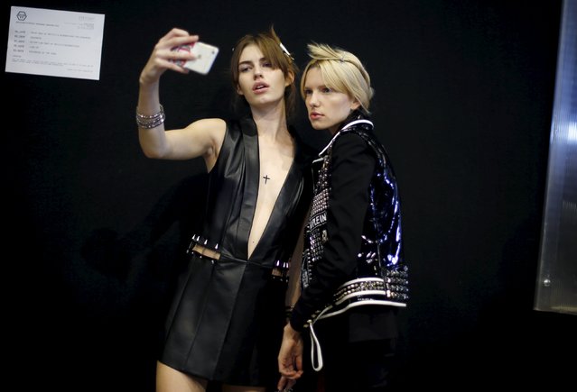 Models  backstages take a selfie photo before the Philipp Plein Spring/Summer 2016 collection during Milan Fashion Week in Italy September 23, 2015. (Photo by Alessandro Garofalo/Reuters)