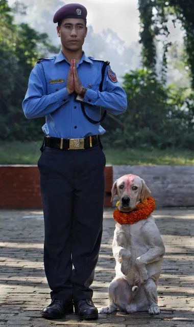 Nepalese police officer and dog handler Padam Gurung and his dog pose for a photograph during celebrations for the Tihar festival at a police kennel in Katmandu, Nepal, Saturday, October 17, 2009. (Photo by Gemunu Amarasinghe/AP Photo)