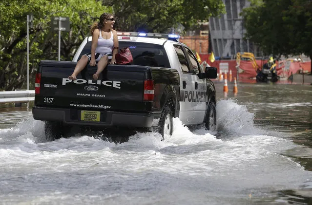 A woman gets a ride on a police truck navigating a flooded Indian Creek Drive, Wednesday, September 30, 2015, in Miami Beach, Fla. The street flooding was in part caused by high tides due to the lunar cycle, according to the National Weather Service. (Photo by Lynne Sladky/AP Photo)