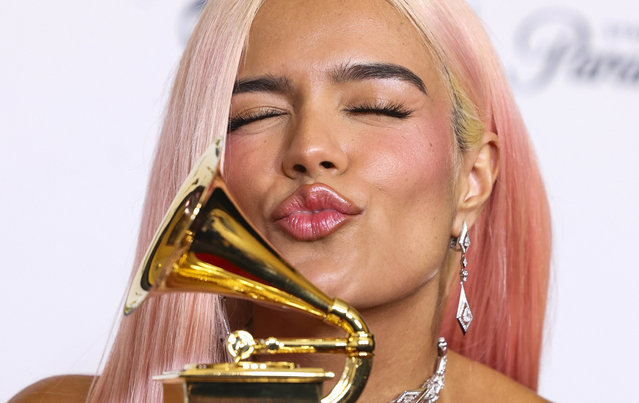 Colombian singer Karol G poses in the press room with the Grammy for Best Musica Urbana Album for “Manana Sera Bonito” during the 66th Annual Grammy Awards at the Crypto.com Arena in Los Angeles on February 4, 2024. (Photo by David Swanson/Reuters)
