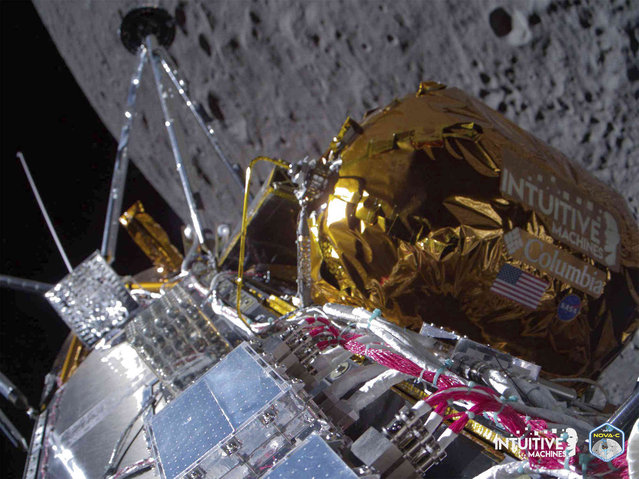 This image provided by Intuitive Machines shows its Odysseus lunar lander over the near side of the moon following lunar orbit insertion on Wednesday, February 21, 2024. (Photo by Intuitive Machines via AP Photo)