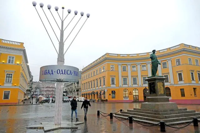 The big Hannukah menorah has been installed near the Duke of Richelieu monument on Prymorskyi Boulevard, Odesa, southern Ukraine on December 10, 2020. (Photo by Ukrinform/Rex Features/Shutterstock)