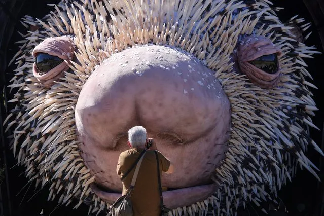 A photographer snaps a picture of a world record-sized puppet, Percy the Porcupine, built to promote a new area at the San Diego Zoo, in Los Angeles, California, U.S., March 1, 2022. (Photo by Mike Blake/Reuters)