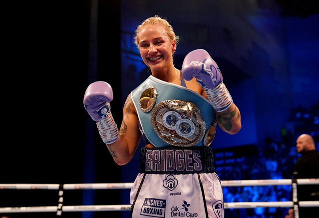 Ebanie Bridges celebrates after winning her IBF World Bantamweight Title fight against Maria Cecilia Roman at the First Direct Arena, Leeds, UK on Saturday, March 26, 2022. (Photo by Martin Rickett/PA Wire)