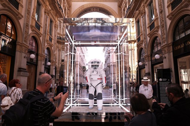 A Prada and Axiom Space spacesuit (Axiom Extravehicular Mobility Unit) is displayed in downtown Milan, designed and developed for the Artemis III lunar mission, in Milan, Italy, on October 21, 2024. (Photo by Claudia Greco/Reuters)