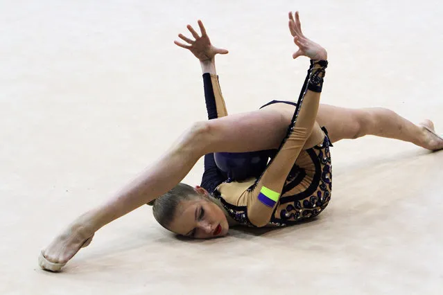 Melaniia Tur performs in the Ukrainian Rhythmic Gymnastics Cup at the Olympic Reserves sports complex in Dnipro, central Ukraine on March 2, 2021. (Photo by Ukrinform/Rex Features/Shutterstock)